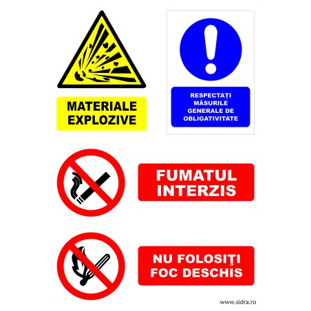 Indicator masuri obligatorii, pericol explozie, foc deschis, fumat interzis